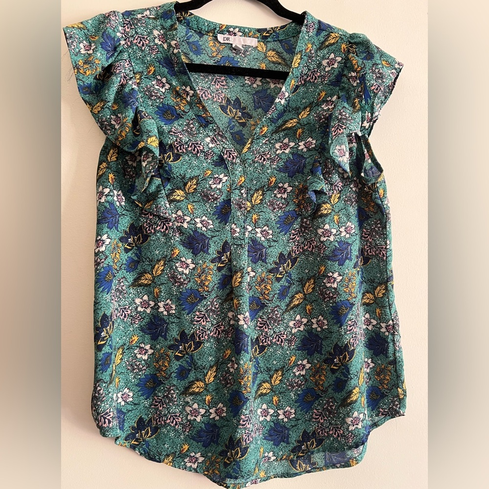 DR2 Teal Floral Flutter-Sleeve Blouse
